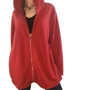 Quacker Factory Fleece Hoodie Women’s 1X Red Jeweled Rhinestone Zipper Cozy